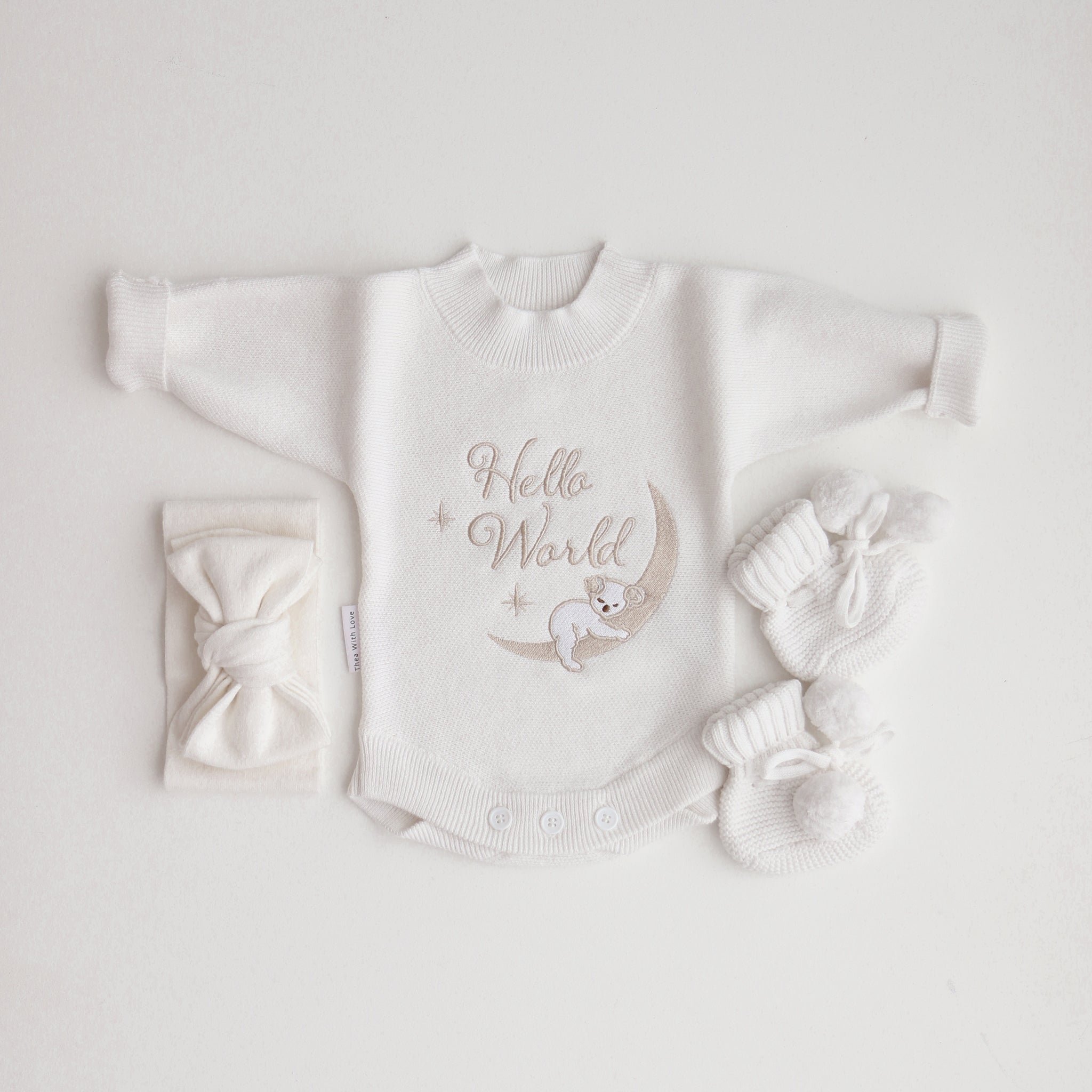 Koala Hello World Bundle With Bow - SAVE 10% includes romper, booties and knitted bow