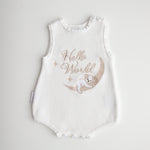 Our koala hello world summer features a baby koala sleeping on eclipse shape  moon. 2 stars are also added. The embroidery is running writing. The embroidery yarn is glossy so the hello world shines in the sunlight. Romper is white knitted fabric. short sleeves and legs for summer. 