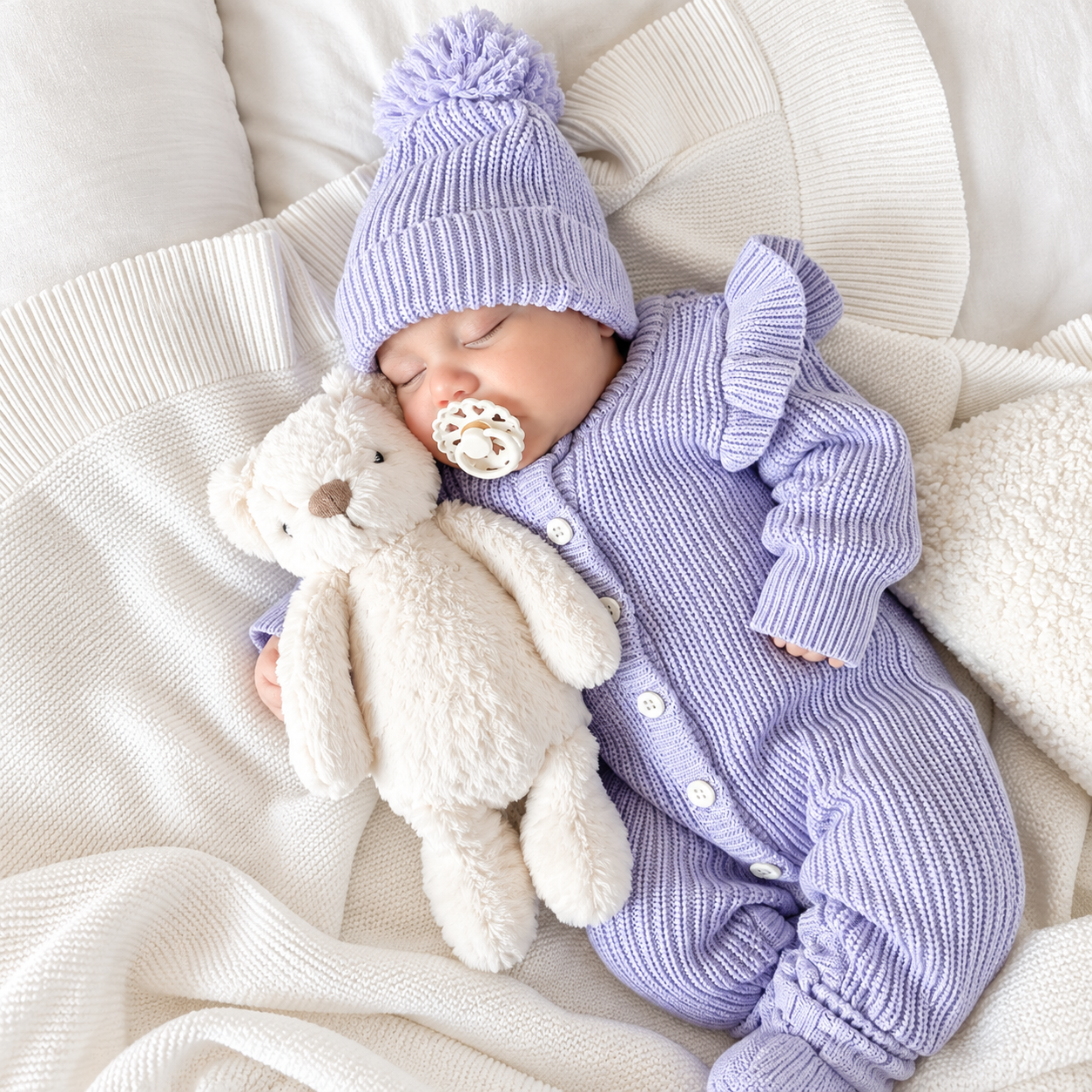 Baby Knitted Romper – Frilly Lavender by Thea With Love