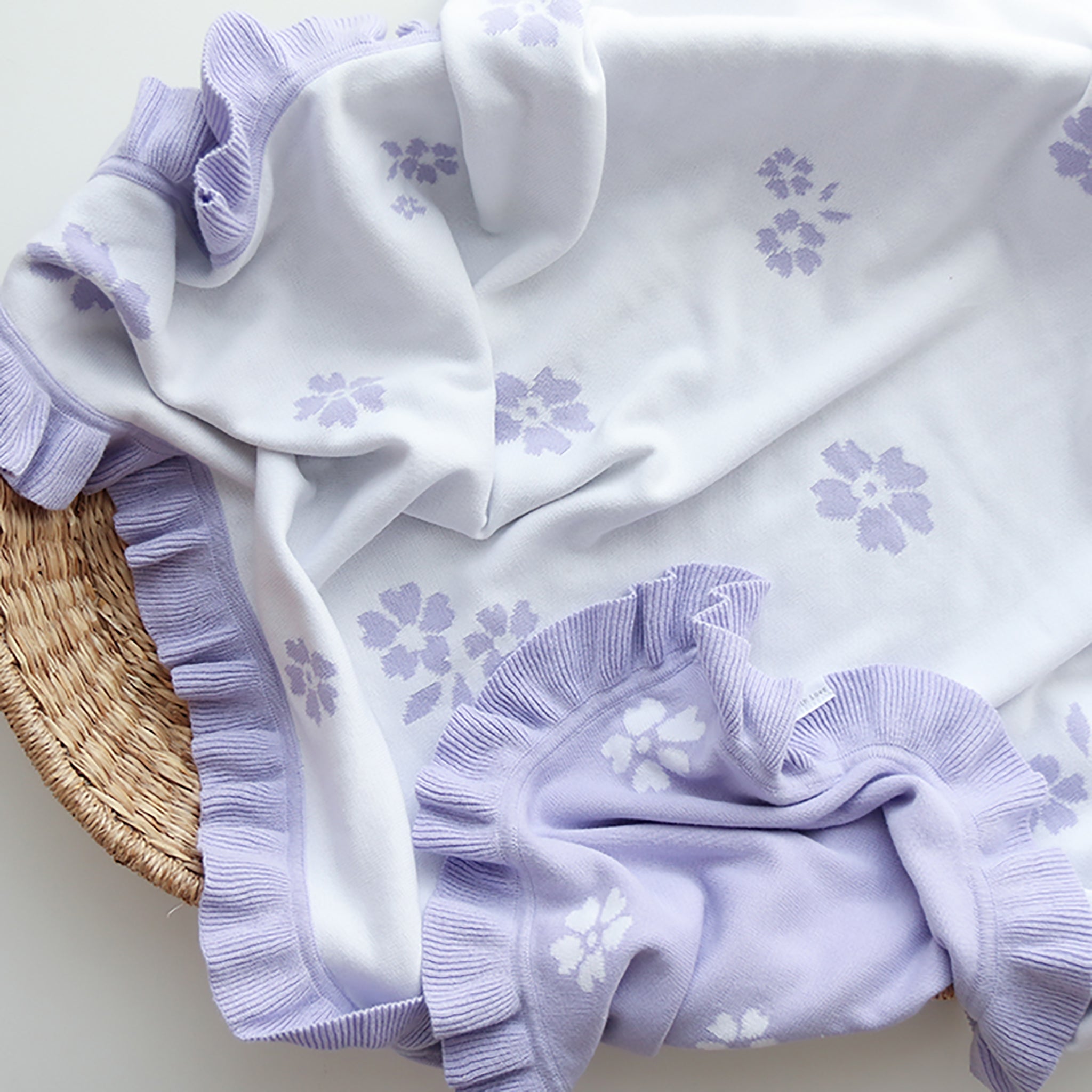 Lavender Posy Frill Knit Blanket – 100 x 100cm Cotton Knit by Thea With Love