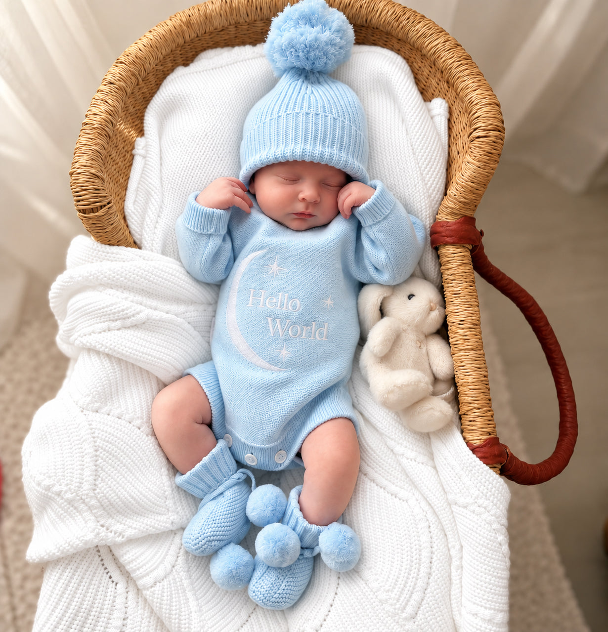 A sleeping newborn baby wearing a light blue knit bodysuit with 'Hello World' embroidered on the chest, a matching blue knit hat with a pom-pom, and blue booties, resting inside a woven bassinet with a white blanket and a small stuffed bunny.
