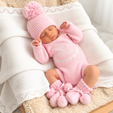 Newborn Announcement Outfit Set – Pink Knit Romper, Booties & Beanie