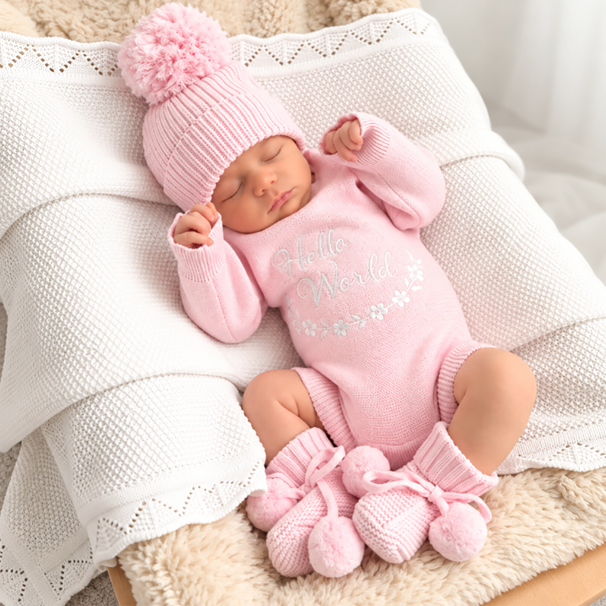 A sleeping newborn baby wearing a pink knit onesie with 'Hello World!' text, a matching pink pom-pom beanie, and pink booties, resting on a white textured blanket