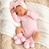 Newborn Announcement Outfit Set – Pink Knit Romper, Booties & Bow