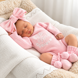 Newborn Announcement Outfit Set – Pink Knit Romper, Booties & Bow