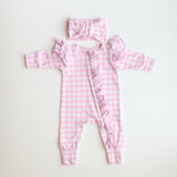 Pink Gingham Frilly Onesie & Gingham Bow Set