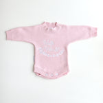 heirloom romper pretty pink hello world. the embroidery hello world is in white yarn and it is placed in the centre of romper chest area so it is clearly seen in your announcement photos