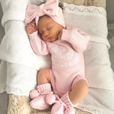 Pretty Pink Hello World Bundle With Bow. The embroidery hello world is in white yarn and it is placed in the centre of romper chest area so it is clearly seen in your announcement photos match with bow and booties