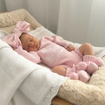 Pretty Pink Hello World Bundle With Bow. The embroidery hello world is in white yarn and it is placed in the centre of romper chest area so it is clearly seen in your announcement photos match with bow and booties