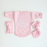 Pretty Pink Hello World Bundle With Bow. The embroidery hello world is in white yarn and it is placed in the centre of romper chest area so it is clearly seen in your announcement photos match with bow and booties