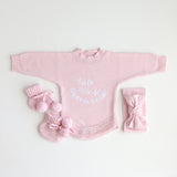 Pretty Pink Hello World Bundle With Bow. The embroidery hello world is in white yarn and it is placed in the centre of romper chest area so it is clearly seen in your announcement photos match with bow and booties