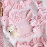 Pretty Pink Hello World Bundle With Cute Frilly Booties & Bonnet