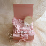 Baby Gift Set – Pink Frill Knit Romper, Frill-Booties, Bow & Disc She's Here, White Ribbon
