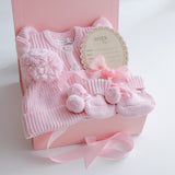 Baby Gift Set – Pink Frill Knit Romper,  Booties, Beanie & Disc She's Here, Pink Ribbon