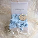 Baby Gift Set – Hello World Disc, Blue Knit Romper, Booties, Beanie