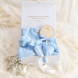 Baby Gift Box – Blue Knit Romper, Booties & Beanie, He's Here, Blue Ribbon