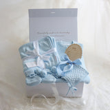 Baby Gift Box – Baby Blue Knit Romper, Booties, Bonnet & Disc and Blanket