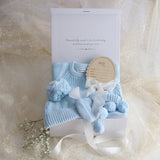 Baby Gift Set – Blue Knit Romper, Booties & Beanie He's Here-Blue, White Ribbon