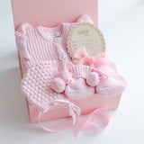 Baby Gift Set – Pink Frill Knit Romper, Booties, Bonnet & Disc She's Here, Pink Ribbon