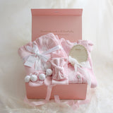 Baby Gift Box – Pink Frill Knit Romper, Cute Booties, Beanie & Disc She's Here, Blanket