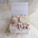 Baby Gift Set – Hello World Disc, Milky Coffee Knit Romper, Booties, Beanie