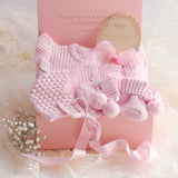 Baby Gift Box – Pink Frill Knit Romper, Booties, Bonnet & Disc She's Here, Pink Ribbon