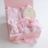 Baby Gift Set – Pink Frill Knit Romper, Booties, Bow & Disc She's Here Pink Ribbon