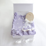 Baby Gift Box – Lavender Posy Knit Romper, Frill Booties, Bow & Disc She's Here, White Ribbon