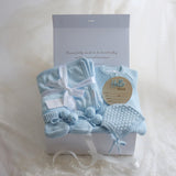Baby Gift Box – Baby Blue Knit Romper, Booties, Bonnet & Hello World Disc and Blanket