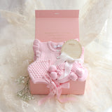 Baby Gift Set – Pretty Pink Frill Knit Romper, Booties, Bonnet & Disc She's Here, White Ribbon