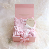 Baby Gift Set – Pink Frill Knit Romper, Booties, Bow & Disc She's Here-White Ribbon