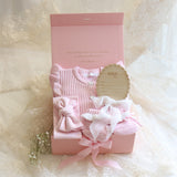 Baby Gift Set – Pink Frill Knit Romper, Frill-Booties, Bow & Disc She's Here, White Ribbon
