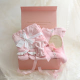 Baby Gift Box – Pink Frill Knit Romper, Frill-Booties, Beanie & Disc She's Here, Pink Ribbon, Blanket