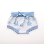 bloomers blue sailing boat with sun pattern on white knitted cotton blue trim on legs and waist with drawstring