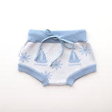 bloomers blue sailing boat with sun pattern on white knitted cotton blue trim on legs and waist with drawstring