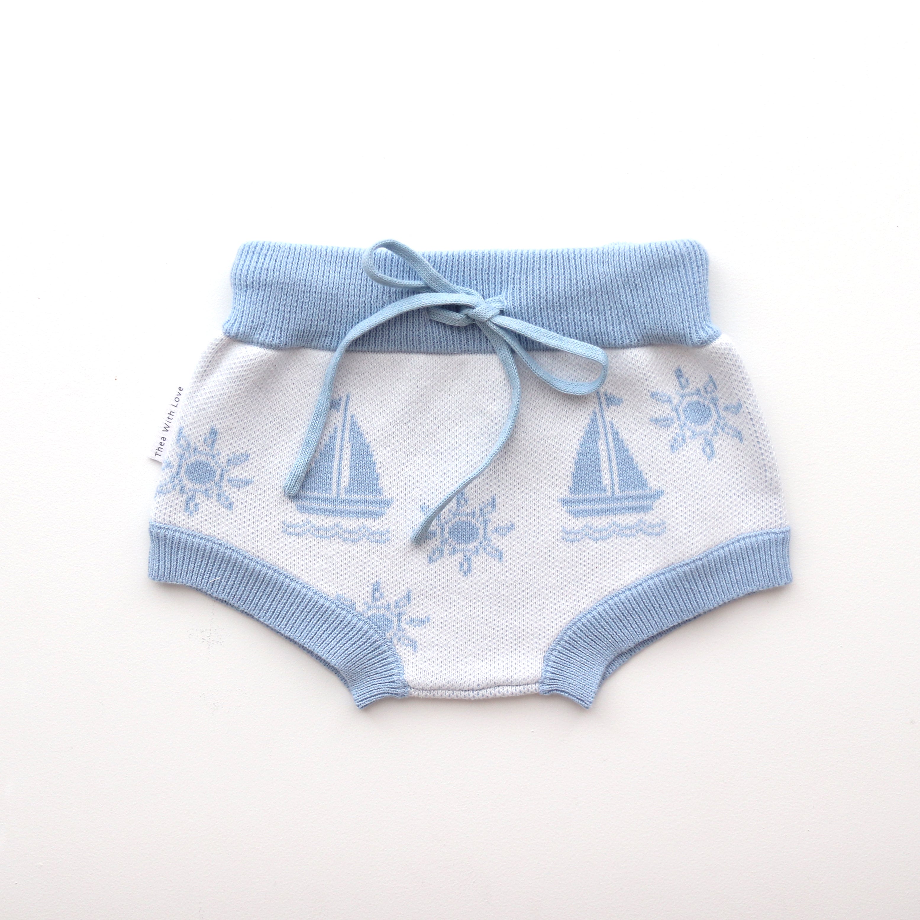 bloomers blue sailing boat with sun pattern on white knitted cotton blue trim on legs and waist with drawstring