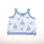 blue trim leg and waist blue boat and sun pattern on white background