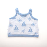 blue trim leg and waist blue boat and sun pattern on white background