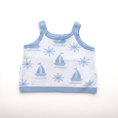blue trim leg and waist blue boat and sun pattern on white background