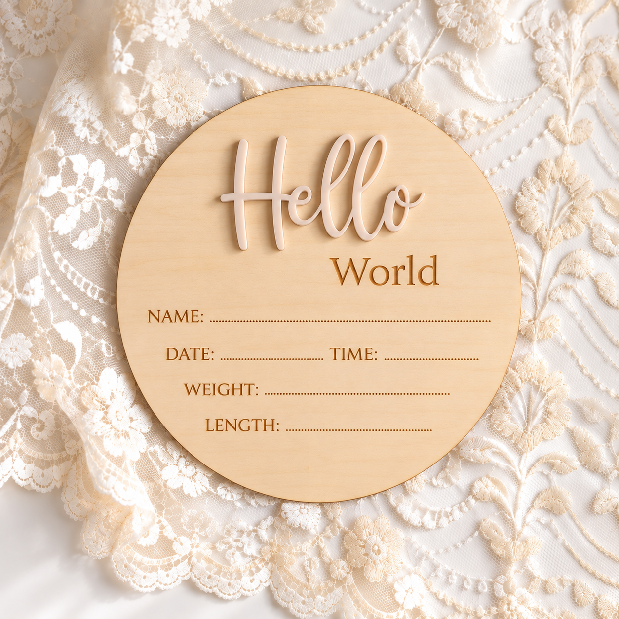 Milky Coffee Hello World baby birth announcement disc, made in Australia from basswood