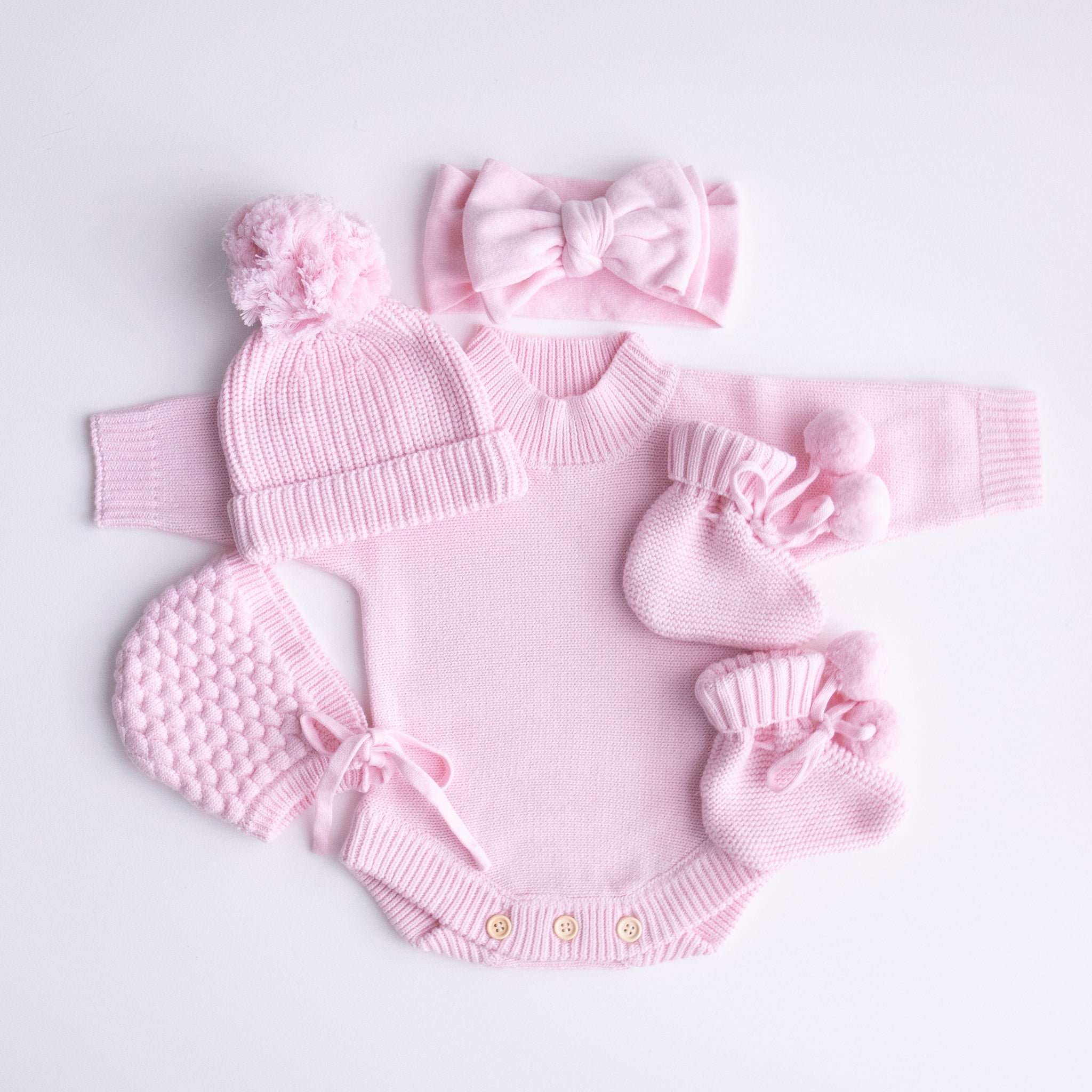 pretty pink-heirloom romper with matching bow,booties,bonnet and beanie