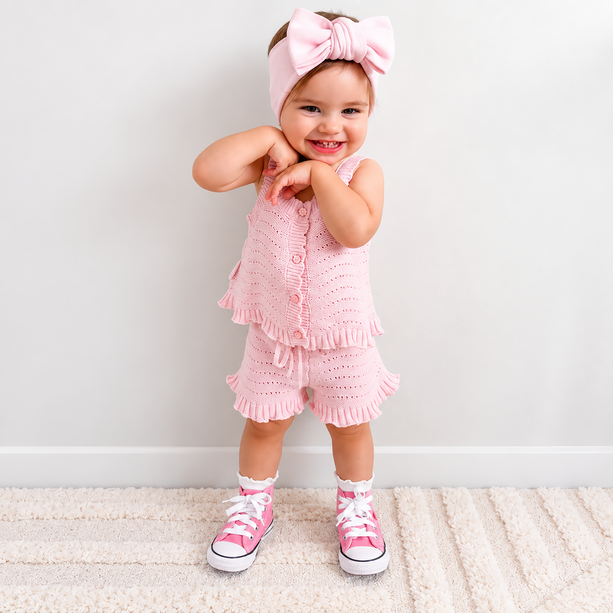 A toddler girl wearing a pink knit romper with ruffle trim, a matching pink bow headband, and pink sneakers, standing on a cream rug against a light gray wall.