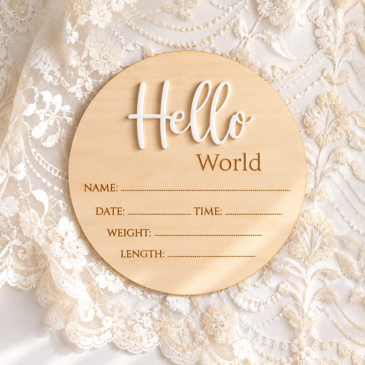 White Hello World baby birth announcement disc, made in Australia from basswood