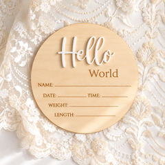 White Hello World baby birth announcement disc, made in Australia from basswood