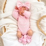 Newborn Announcement Outfit Set – Pink Knit Romper, Booties & Bow