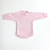 heirloom romper pretty pink hello world. the embroidery hello world is in white yarn and it is placed in the centre of romper chest area so it is clearly seen in your announcement photos