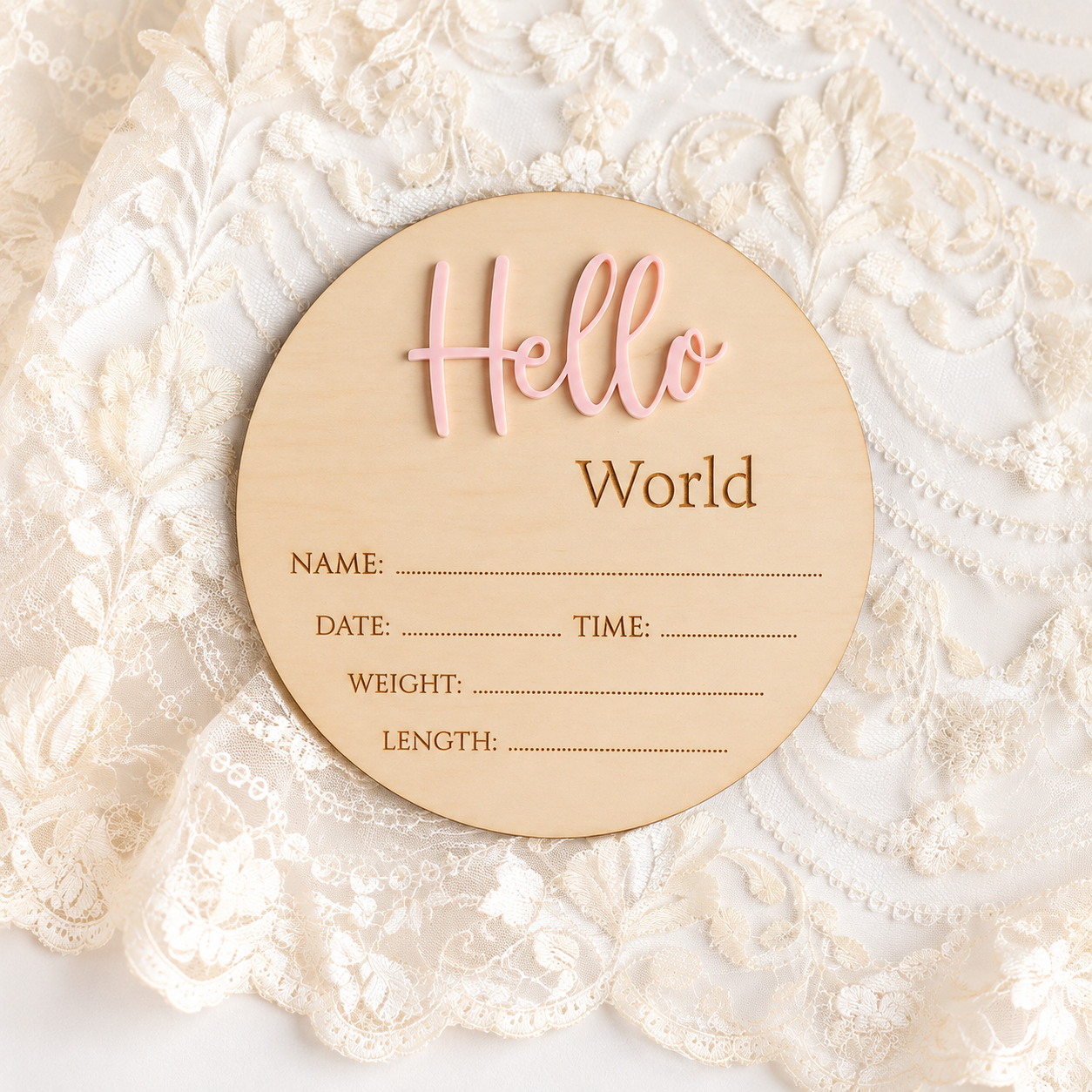 Pink Hello World baby birth announcement disc, made in Australia from basswood