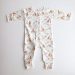 kangaroo & paw onesie. white background with kangaroo and paw flower pattern