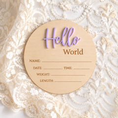Lavender Hello World baby birth announcement disc, made in Australia from basswood