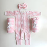 pretty-pink-gingham-onesie-growsuit-with matching bow and swaddles